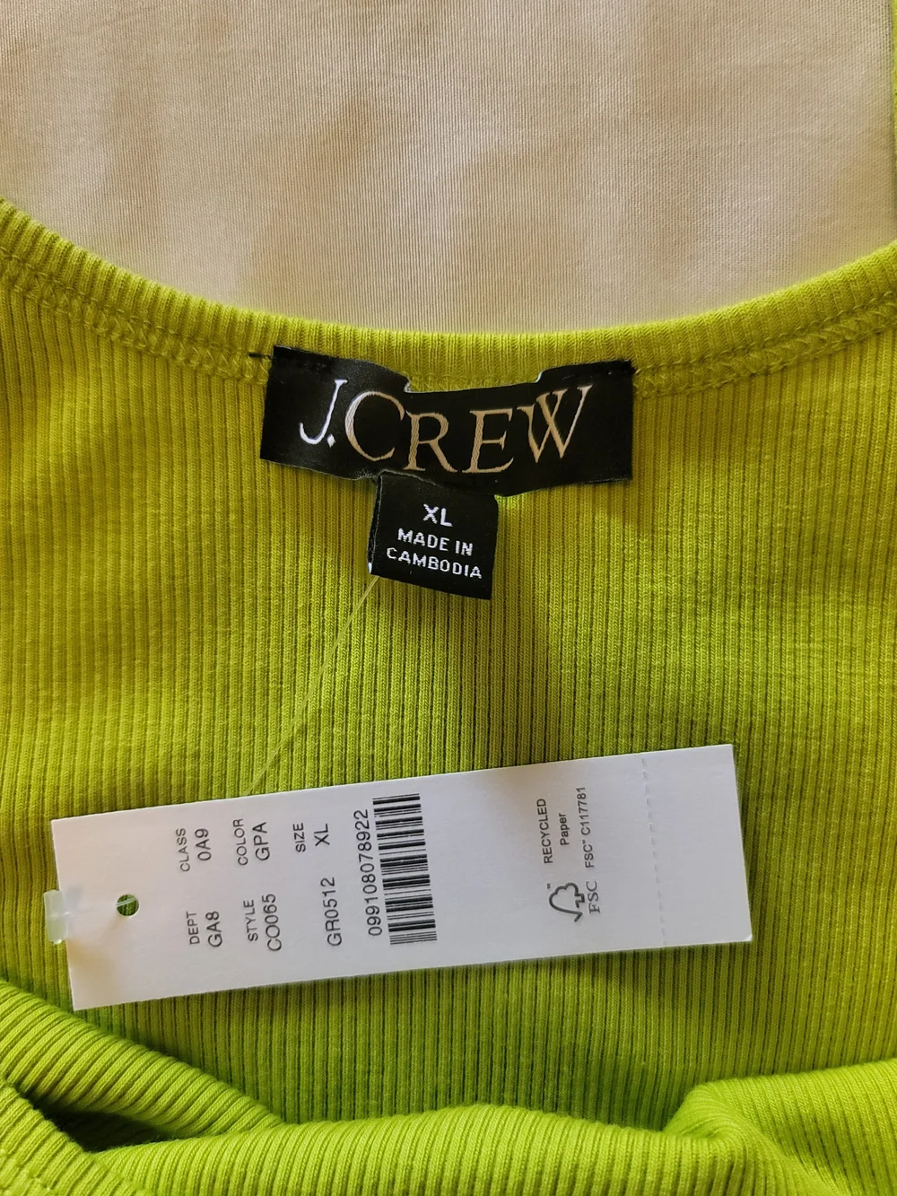J. Crew Women's XL Ribbed Camisole Tank Top Lime Green Cotton Blend NWT